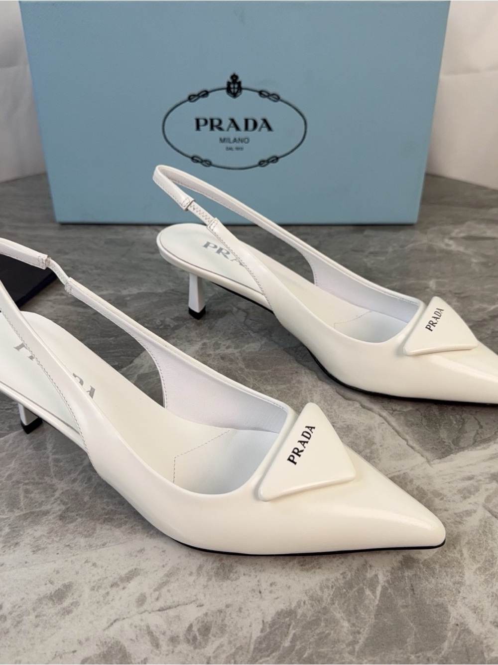 Prada White Pointed Toe Slingback Heels